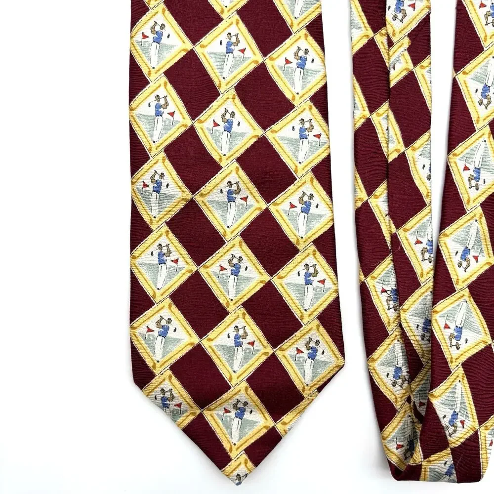 Vintage 90s Lands End Handmade in USA 100% Silk Yellow Red Man Golfing Tie 59